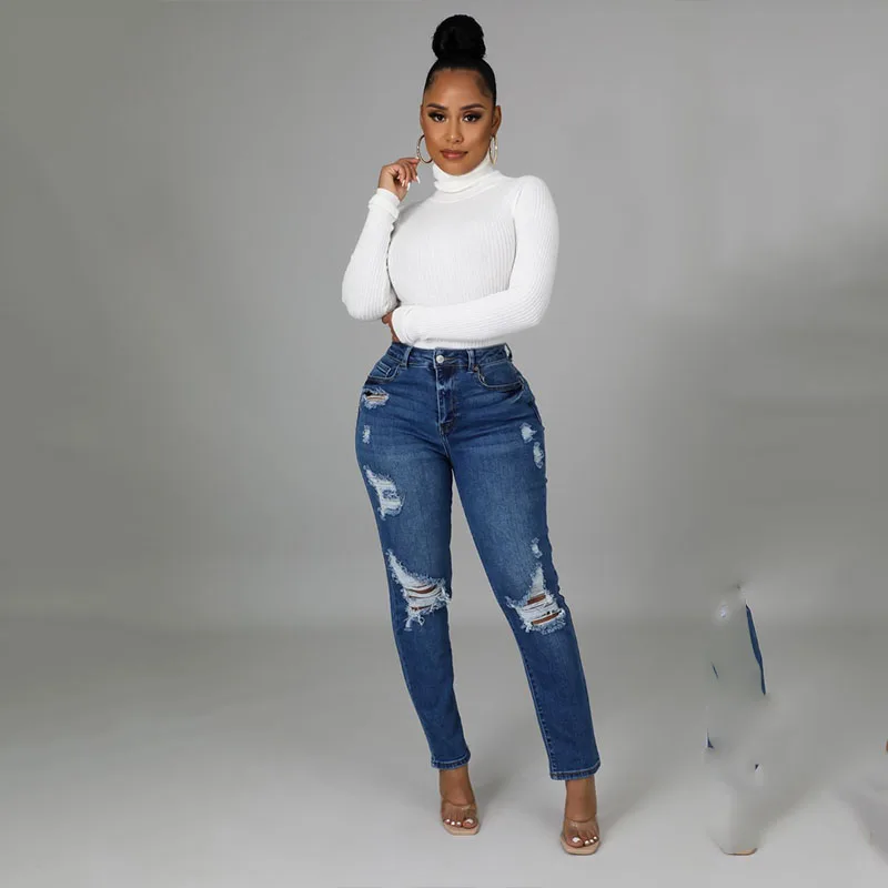 

2021 Winter New Women Denim Skinny Trousers Ripped Jeans for Women Hole Vintage Pencil Pants High Elasticity Stretch Trousers