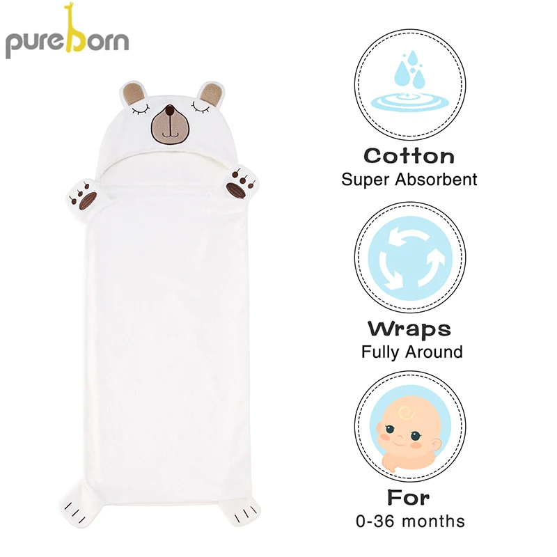 Детское полотенце унисекс Pureborn с капюшоном и рисунком животных из мультфильма, детское банное полотенце, махровое хлопковое детское полотенце для мальчиков и девочек
