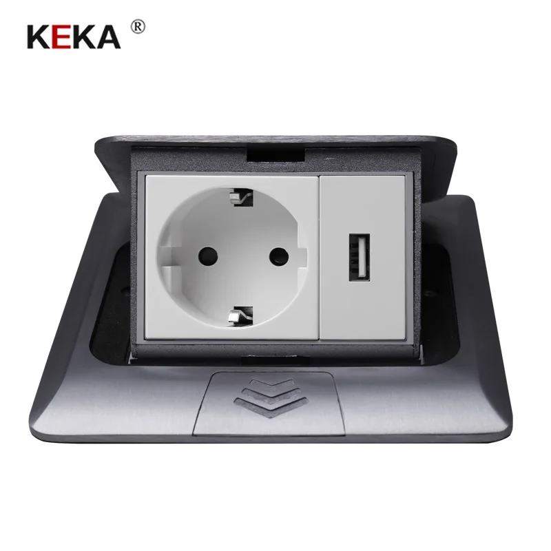 Выдвижная настольная розетка KEKA алюминиевая с серебристой панелью 16 А Россия