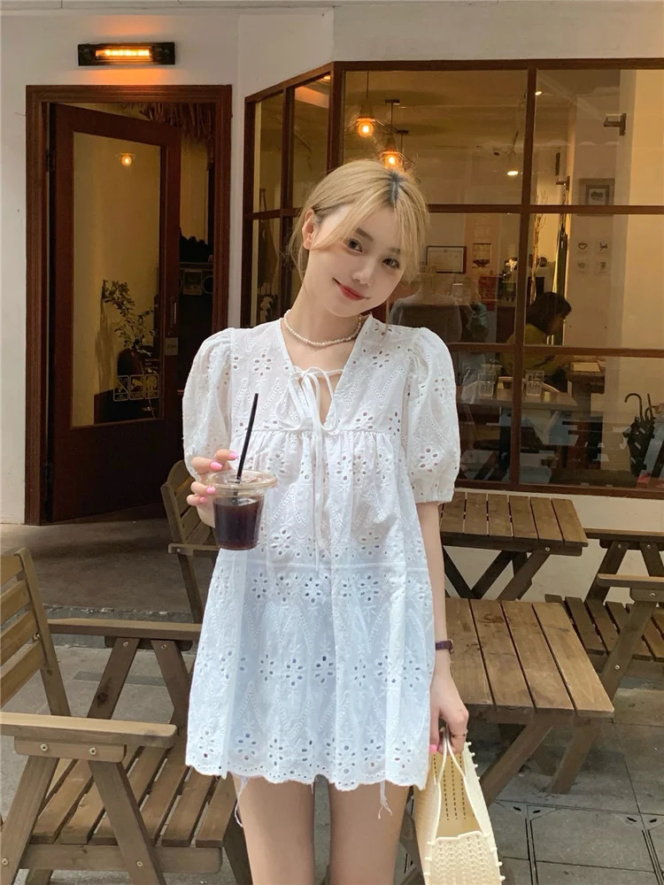 Женское кружевное платье-рубашка белое тонкое свободное платье во французском