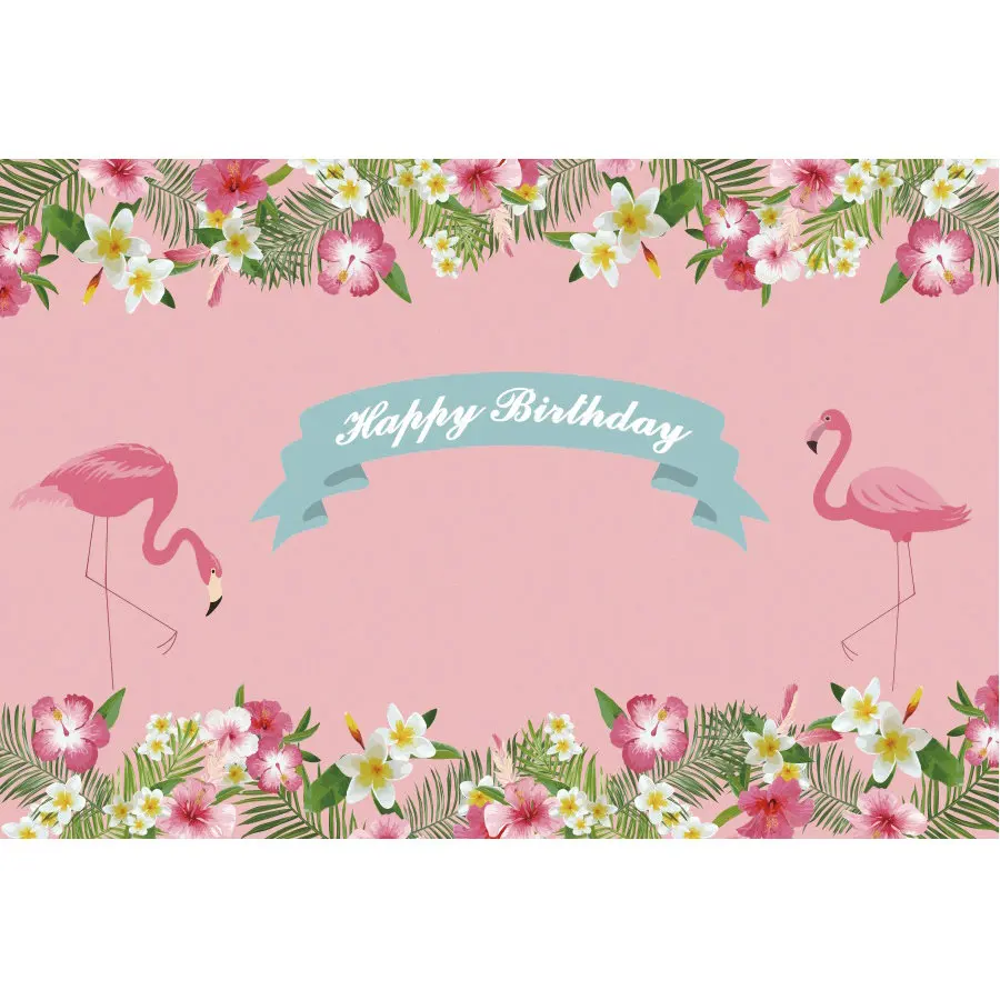 

Birthday Backdrop Flamingo with Flowers Pink Photography Background Celebration Photo Booth Studio Decor