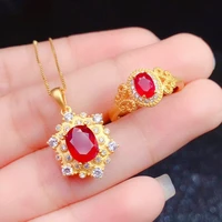 palace style jewelry set yellow gold filled simulation ruby open ring women pendant necklace set
