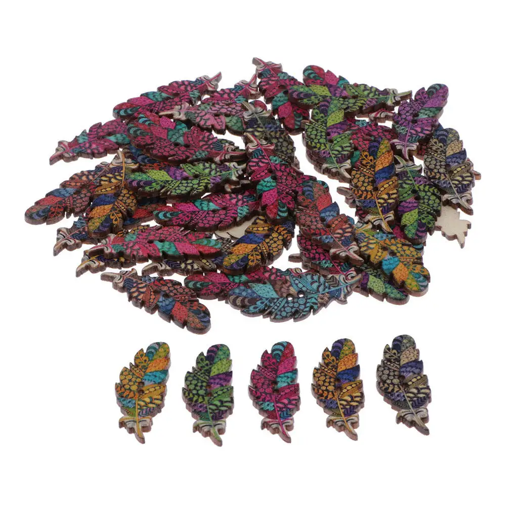 

50 Pieces Buttons Wooden Buttons Colorful Feathers Shape Sewing Buttons