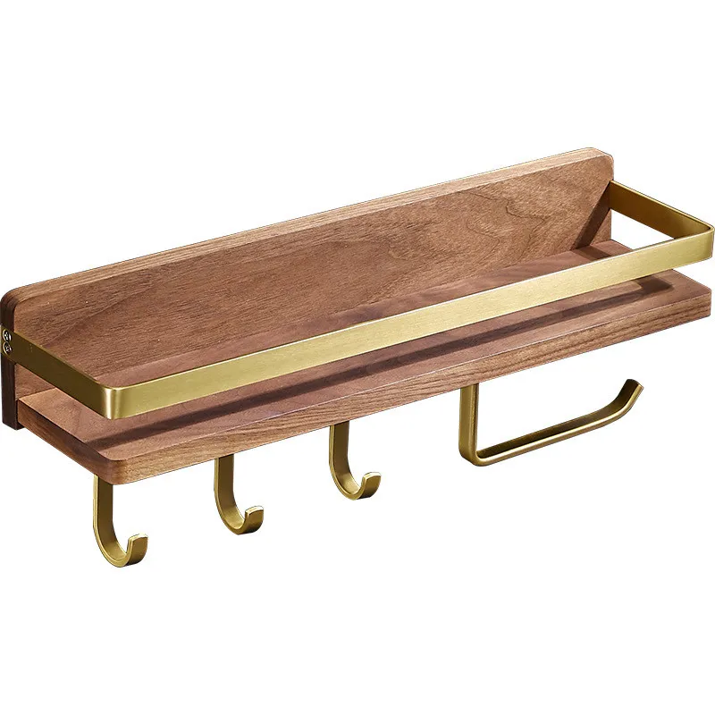 

Bathroom Punch Free Solid Wood Towel Rack Towel Bar Wall Mounted Tray Black Walnut Storage Rack Shelf for Home Organizer Decor