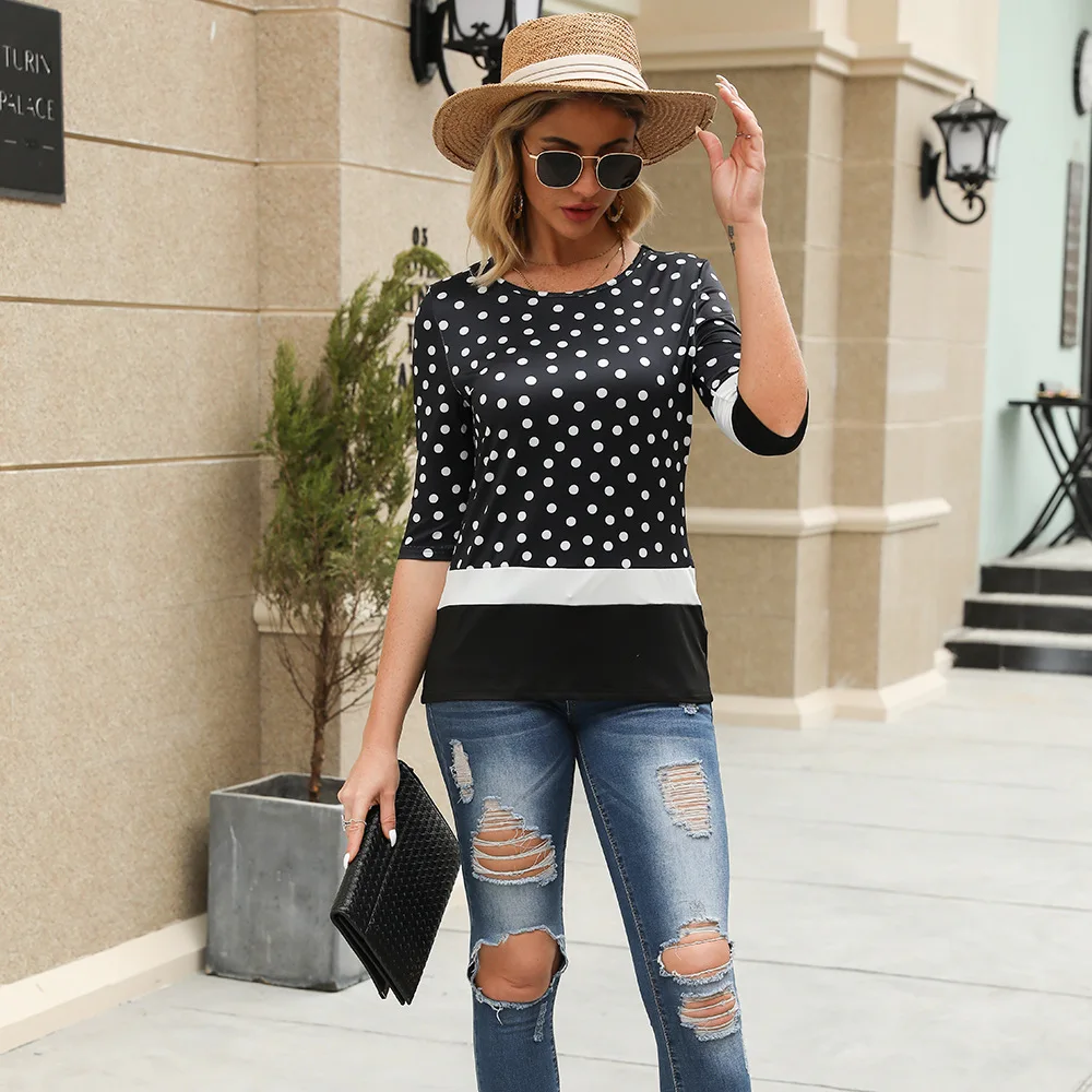

Spring Autumn 2021 Polka Dot Woman Tshirts Feminina Loose Waist Graphic Tee Vintage Three Quarter Sleeve Women Shirts Pullover