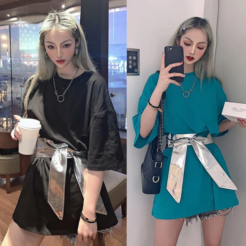 

2020 Summer tshirt women Korean Harajuku Tops Lace up Short Sleeve female T-shirt Tops Solid Color Harajuku Top camisetas mujer