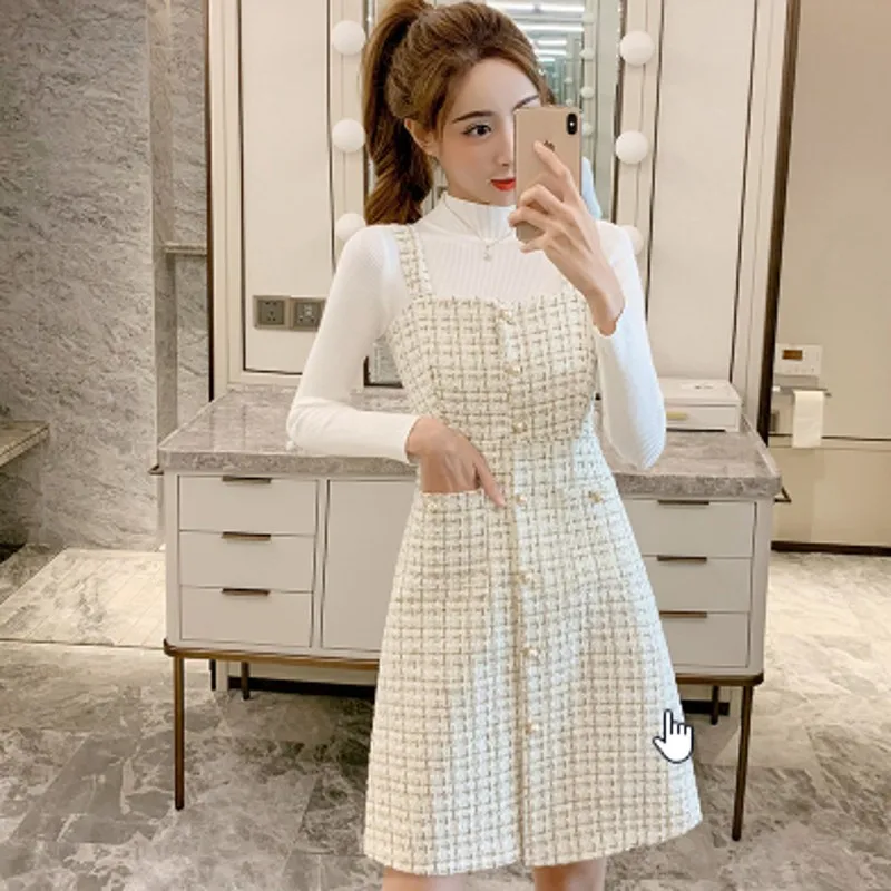 

2021 New Arrival Spring Woolen Plaid Sexy Spaghetti Strap Dress Suit women Temperament 2 Piece Dress Set