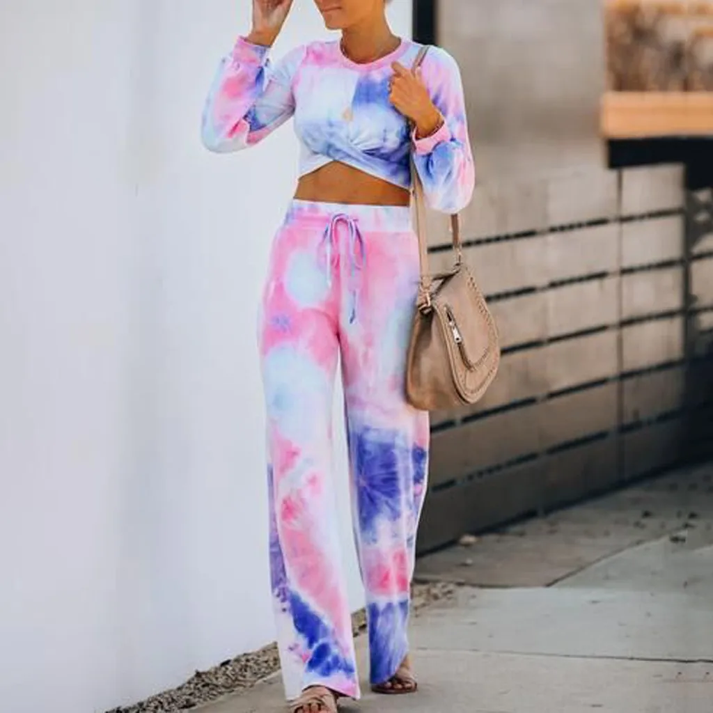 2pc Women Suit Tracksuit Tie-dye Knot Fitness Clothes Long Sleeve Hooded Tops And Pants Leisure Pocket Home Sweatpants Sets @40 |