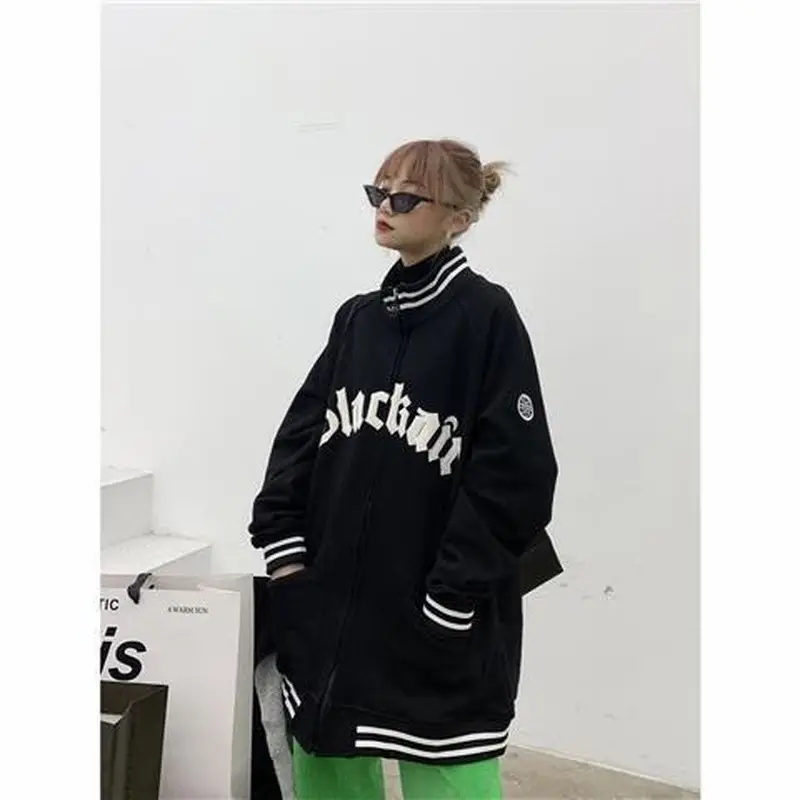 

Streetwear Jacket Women Hong-Kong Style Stand Collar Cardigan Sweatshirt Couple Vintage Loose Embroidery Casual Baseball Uniform