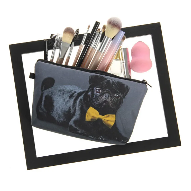 

1Pc Women Cosmetic Bag 3D Printing Black Pug With Bow Tie Makeup Bag Pouch Necessaries Travel Cosmetic Organizer Toiletry Bag