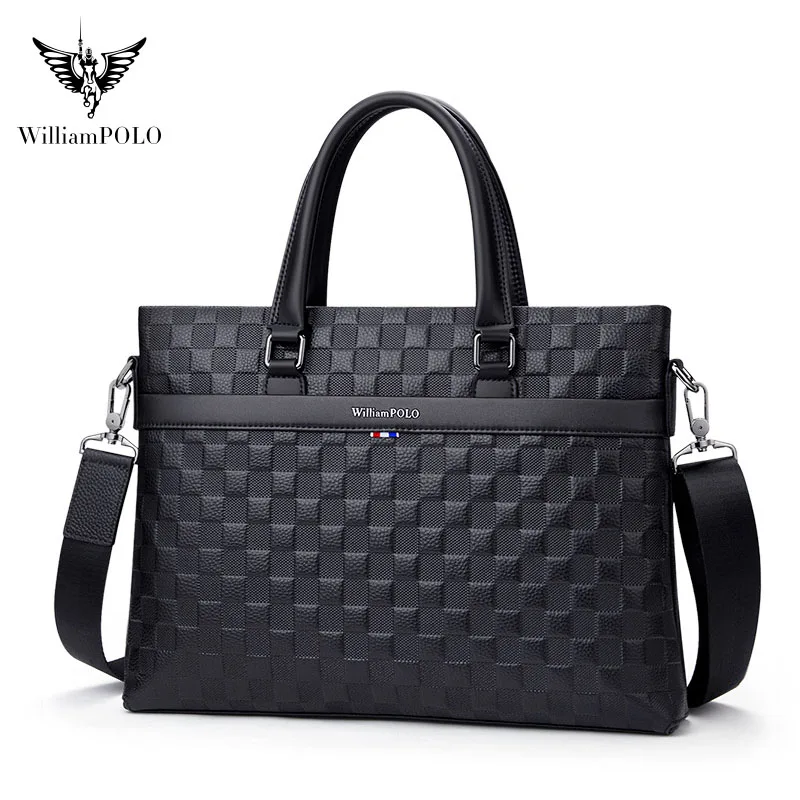 WILLIAMPOLO New briefcase men's handbags fashion plaid business casual removable strap shoulder bag computer bag