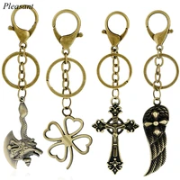 retro four leaf clover cross wings keychain alloy cowhide couple car key pendant key chain personalized bag key ring