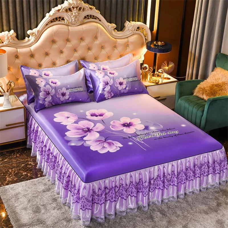 

3pcs Bedding Set Purple Flower Summer 1pcs Bed Skirt + 2pcs Pillowcase High Quality Textile For Home Bed Sheet Bedspread J017