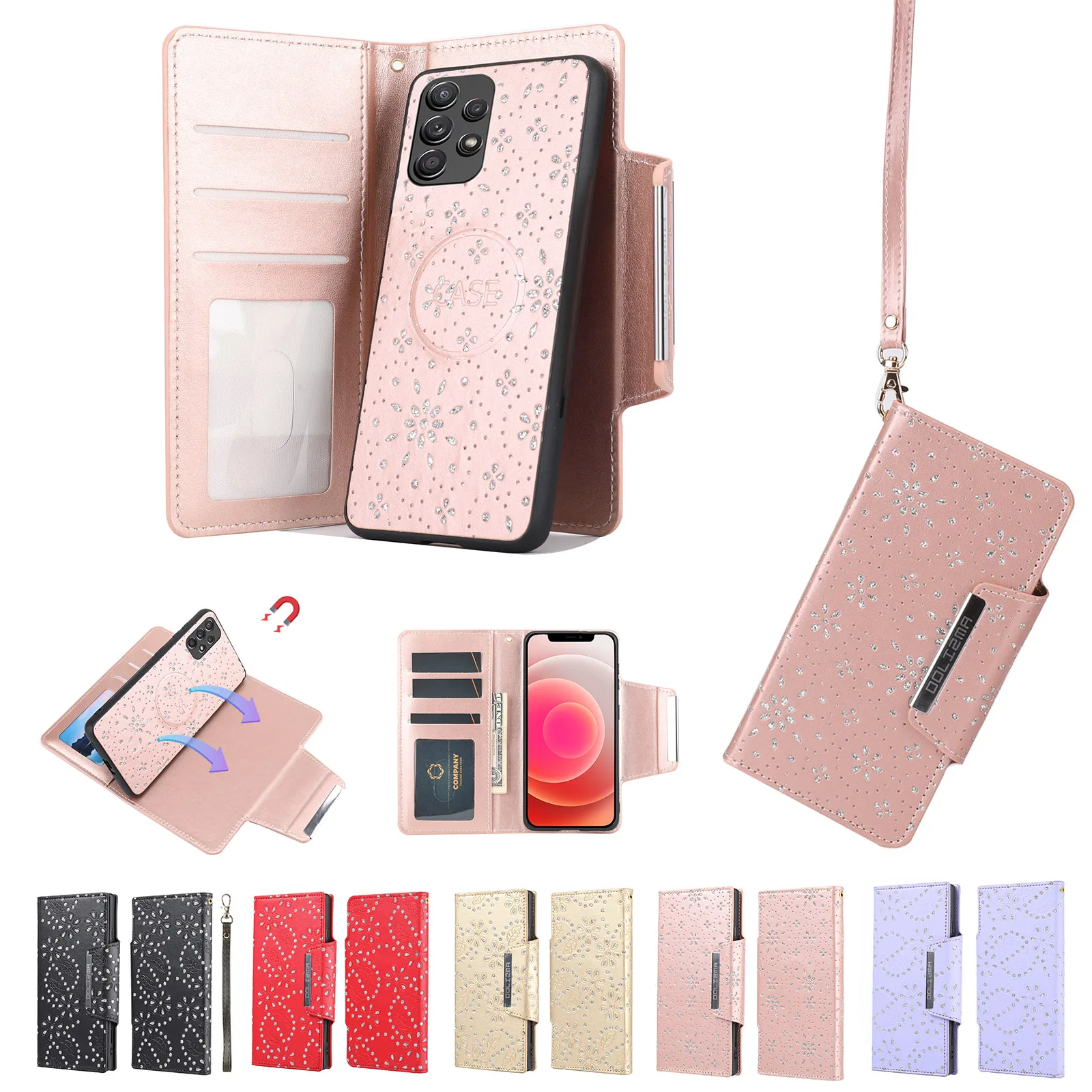 

Detachable Folio Case for Samsung Galaxy A52 A12 A52S A22 A32 A42 A72 Maple Flower PU Leather Card Slot Magnetic Wallet Cover