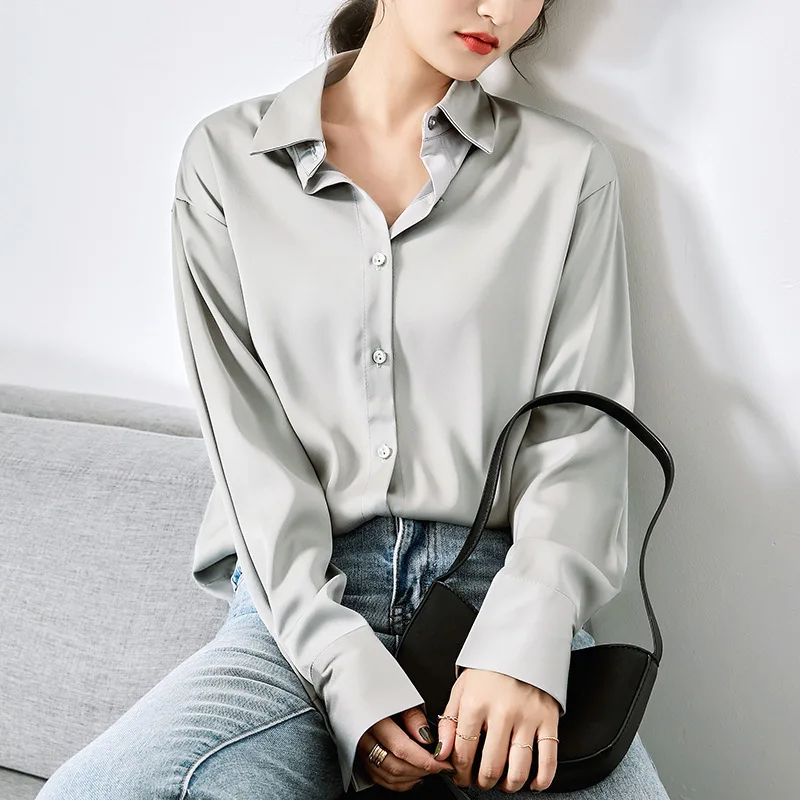 

Autumn Blouses Women Satin Smooth Long Sleeves Loose Pure White Office Lady Elegant Basic All-Match Retro Single-breasted Shirts
