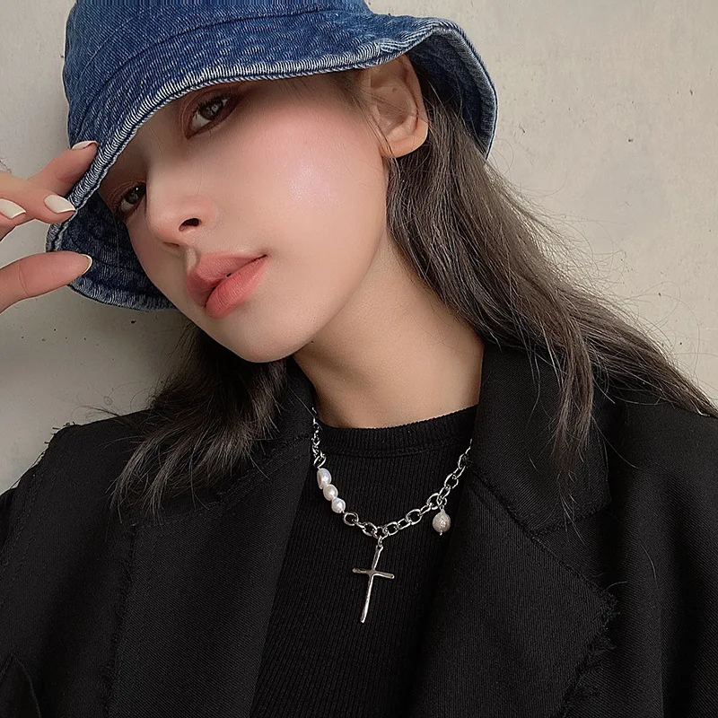European Fashion Pearl Chain Splicing Necklace Female Alloy Real Gold Plating Jewelry Hip Hop Cross Heart Pendant | Украшения и