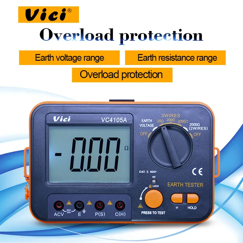 

Vici VC4105A digital earth resistance tester 0-1999ohm Earth AC Voltage tester 0-199.9V LCD backlight ground tester