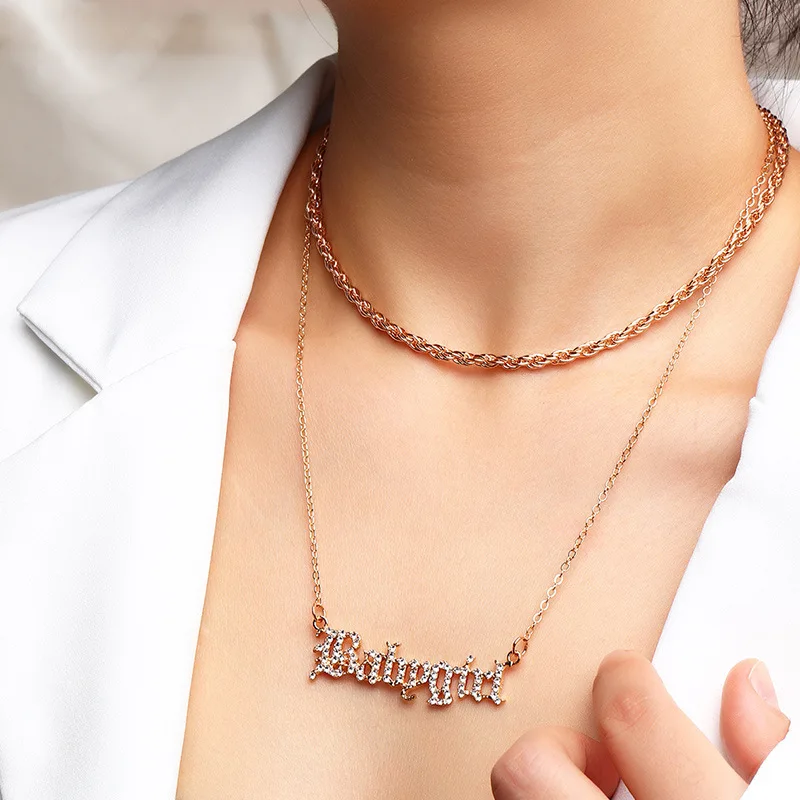 

Fashion Trendy Gold Color Metal BABYGIRL Lettering Crystals CZ Pendant Necklace for Women Ladies Party Daily Clavicle Necklace