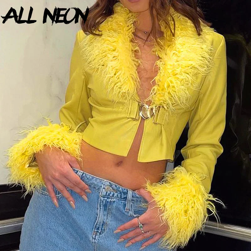 

ALLNeon 2000s Aesthetics Fashion Yellow PU Leather Crop Jacket Y2K Vintage Sexy Heart Button Fake Fur Trim Long Sleeve Outerwear