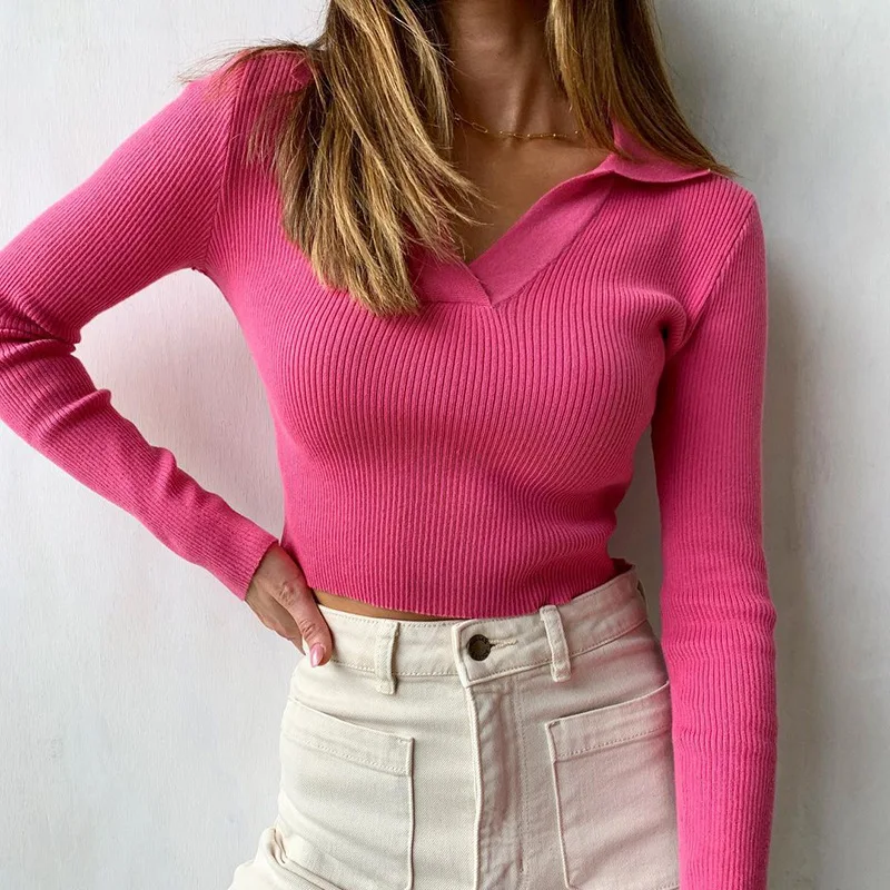 

Футболка женская трикотажная однотонная с V-образным вырезом и длинным рукавом