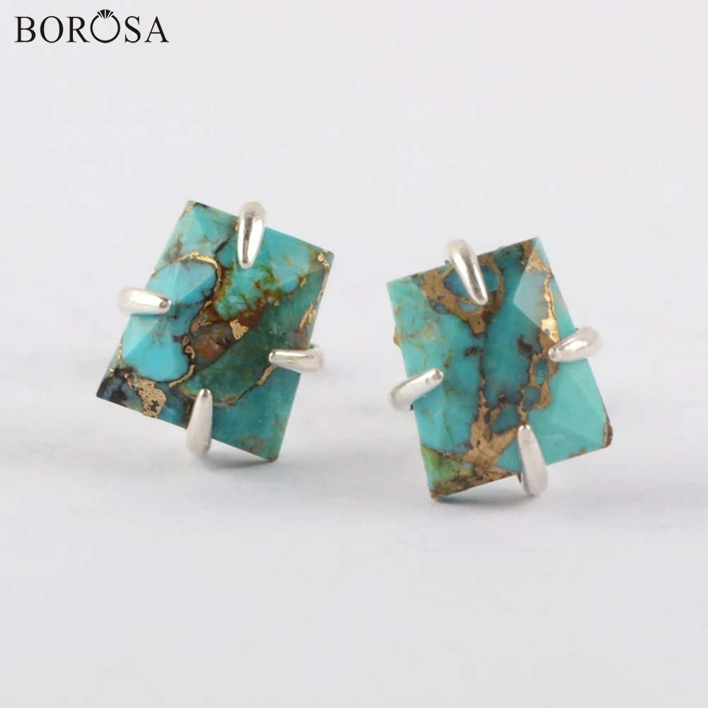 Женские серьги-гвоздики с бирюзой BOROSA, серебристые квадратные серьги-пусеты с натуральным камнем, SS201