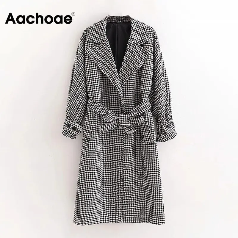 

Batwing Overcoat Coat Straight Sleeve Houndstooth Coat Women Plaid Wool Bandage Vintage Loose Mujer Aachoae Long Elegant Abrigo