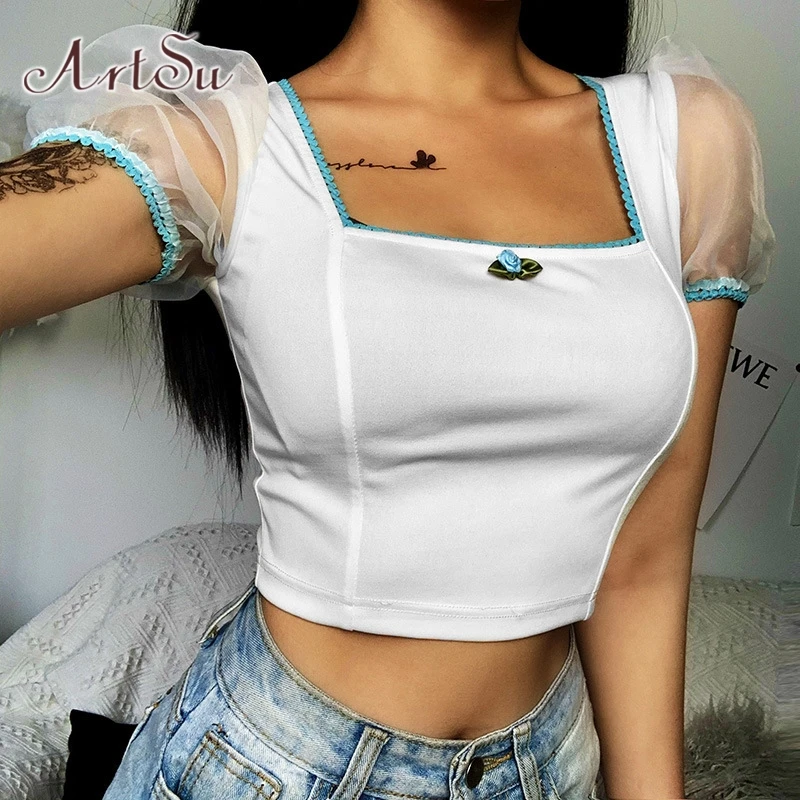 Женская Сетчатая футболка ArtSu белый облегающий топ с квадратным вырезом и