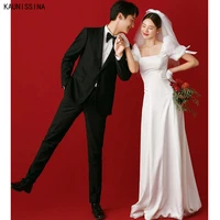 kaunissina simple satin wedding dresses puff sleeve square collar bridal gowns custom size a line white bride dres