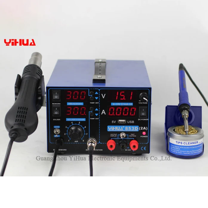 

3 в 1 YIHUA 853D 2A с USB-станцией для переделки, сварочная станция для переделки горячим воздухом 220 В или 110 В