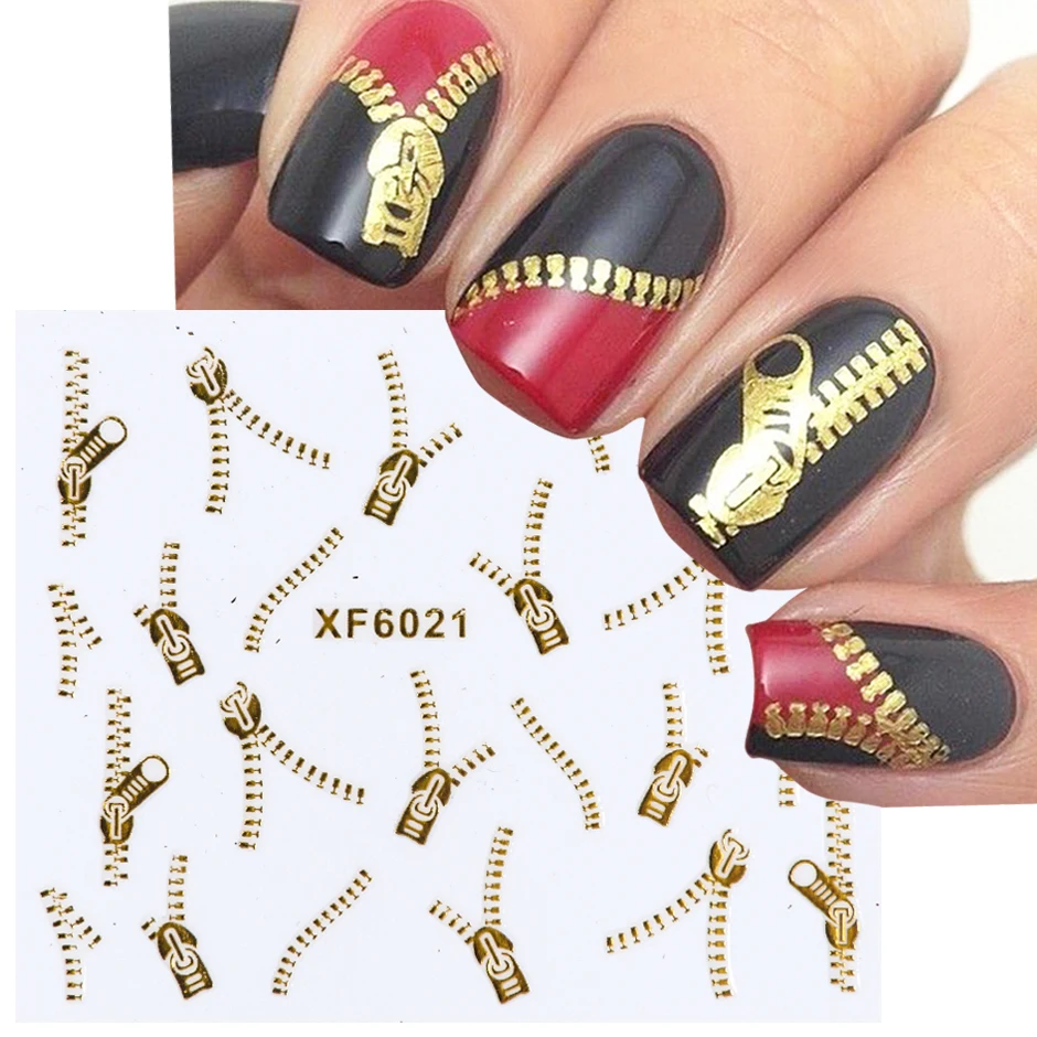 Gold Zipper Nail Art Stickers Sexy Heavy Metal Design Silver Chain Gothic Letter Decals Halloween Manicure Accessories LEXF6021