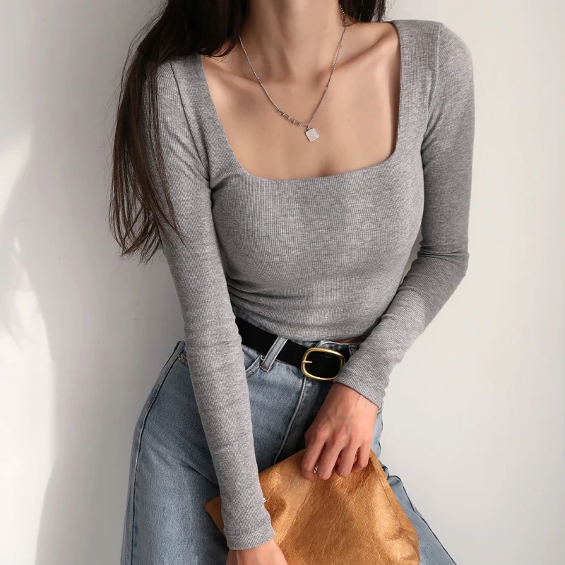 

Винтажная пикантная Женская облегающая укороченная футболка с квадратным вырезом, Короткие эластичные однотонные топы с высокой талией и ...