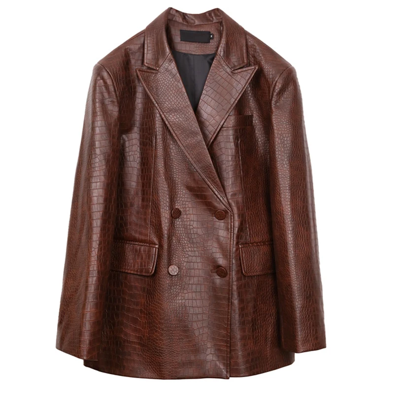 

[EAM] Women Coffee Pu Leather Big Size Blazer New Lapel Long Sleeve Loose Fit Jacket Fashion Spring Autumn 2021 1DD6433