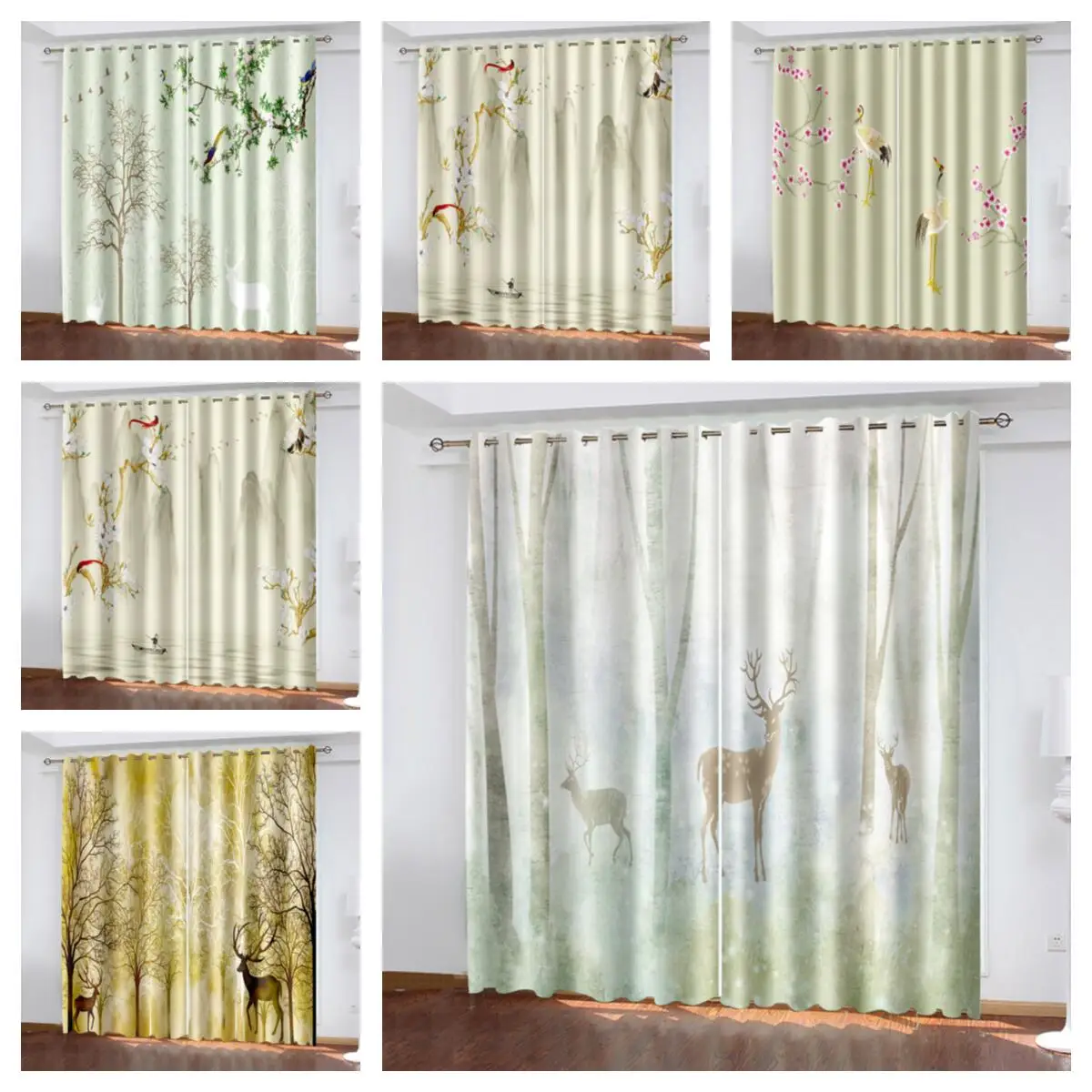 

3D Personalized Ink Element Elk Animal Pattern Bedroom Living Room Shade Custom Curtain Suit Bedroom with Hook Accessories