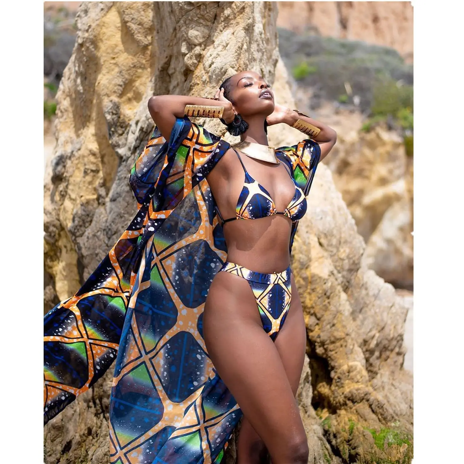 Ретро Купальники Купальник с этническим рисунком для женщин пуш-ап бикини набор