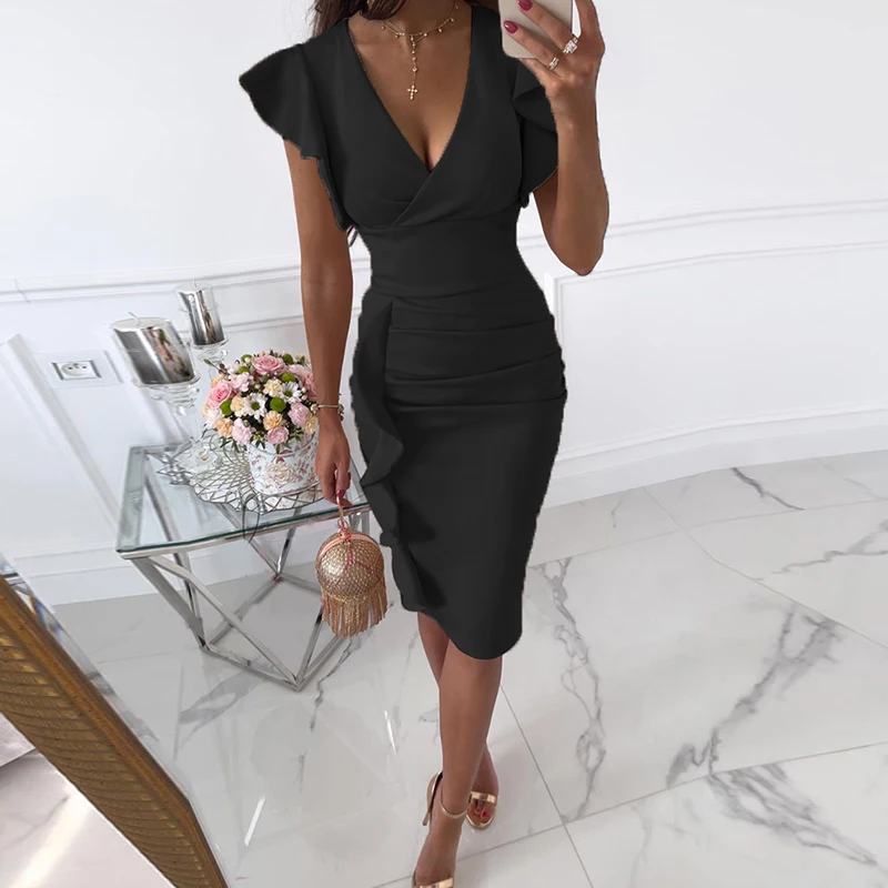 

Women New Sexy Deep V Neck Draped Ruffle Solid Party Dress Fashion Slim Office Lady Dress Elegant Butterfly Sleeve Bodycon Dress