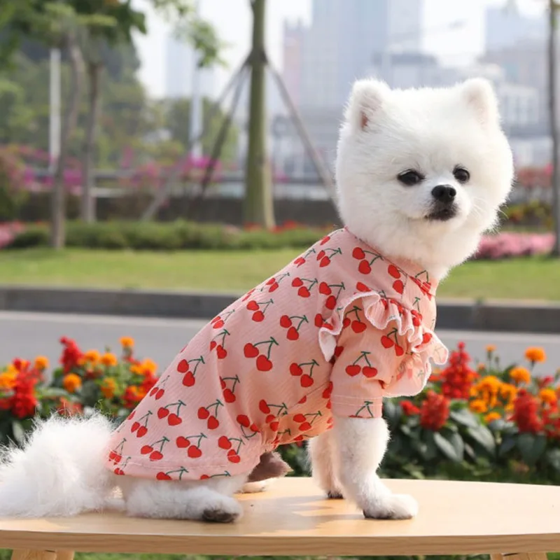 

Cute Elegant Dog Costume Cherry Fruits Printing Pattern Round Neck Polyester Blouse Dog Dresses Summer Small Dog Cat Vest