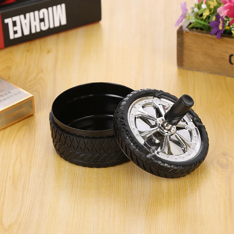 

Tyre type windproof rotary practical smokeless metal ashtray with lid pressing round stainless steel.