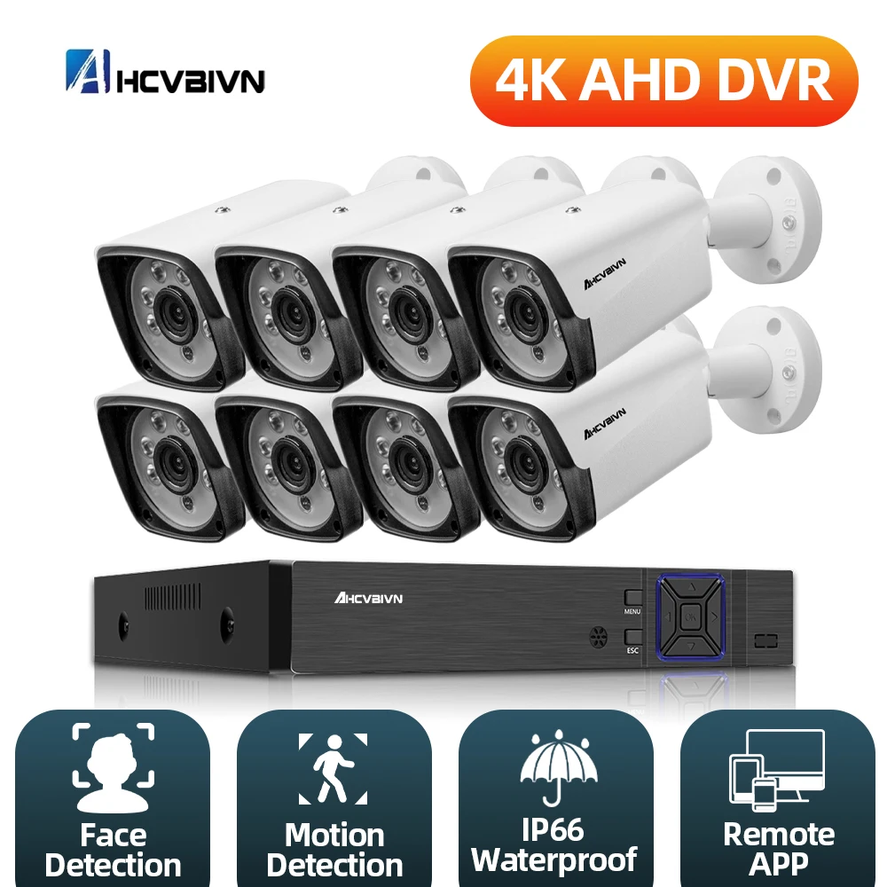 

AHCVBIVN 8CH CCTV HD DVR 4k 8MP AHD Camera Kit Outdoor IP66 Face Recognition Cam Home Security System Video Surveillance Kit HD