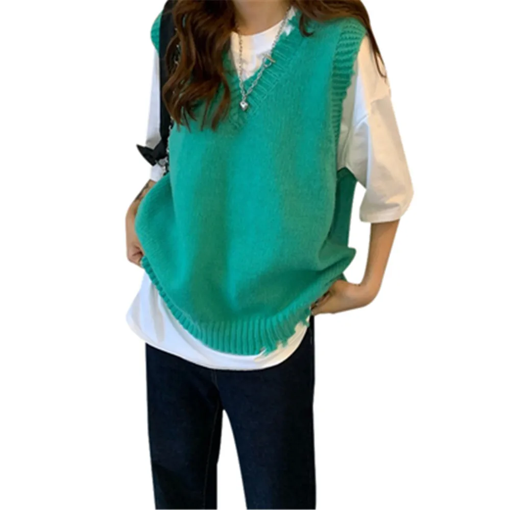 

2021 Korean Sweater Vest Women V-neck Loose Streetwear Candy Color All-match Students Fashion Couples Ripped Vintage Sweaters