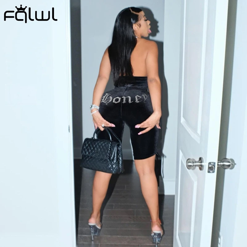 FQLWL Summer Streetwear Bodycon Hollow Out Romper Women Velour Sleeveless Halter Backless Rompers Playsuit Black Short Jumpsuits |