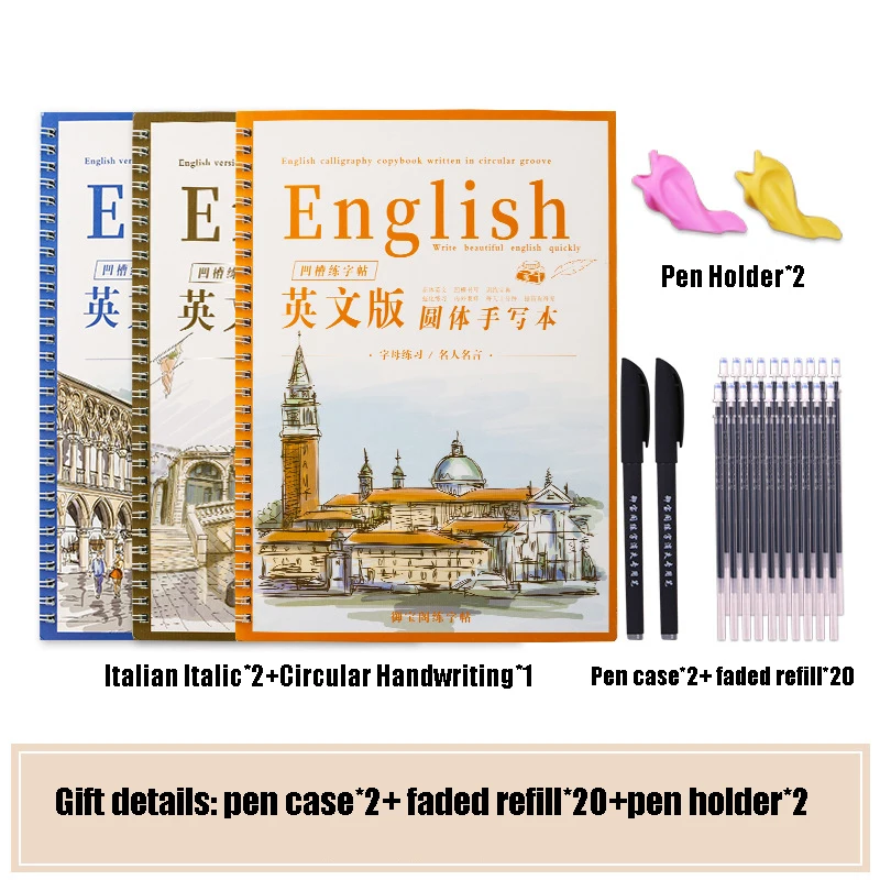 3 Reusable Groove Calligraphy Copybook English Italic Handwriting Training Pen Refills Hold Tools Set | Канцтовары для офиса и