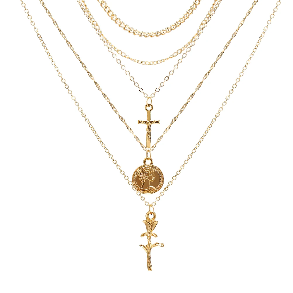 Vintage Women Necklace Cross Rose Flower Medal Coin Pendant Women Multi-layer Necklace Jewelry Woman's accesories