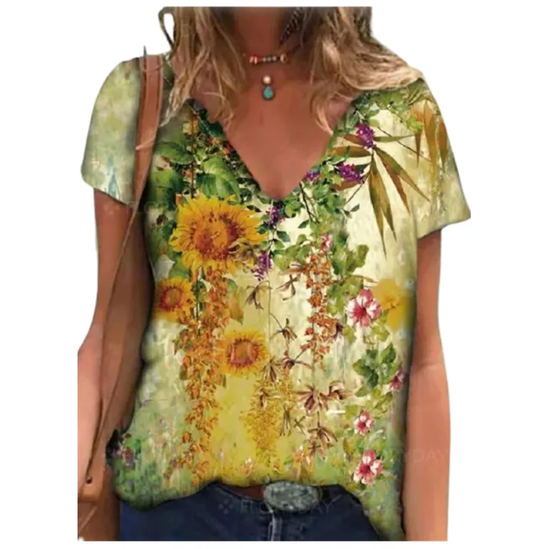 Женская футболка с цветочным принтом V-образным вырезом и коротким рукавом |