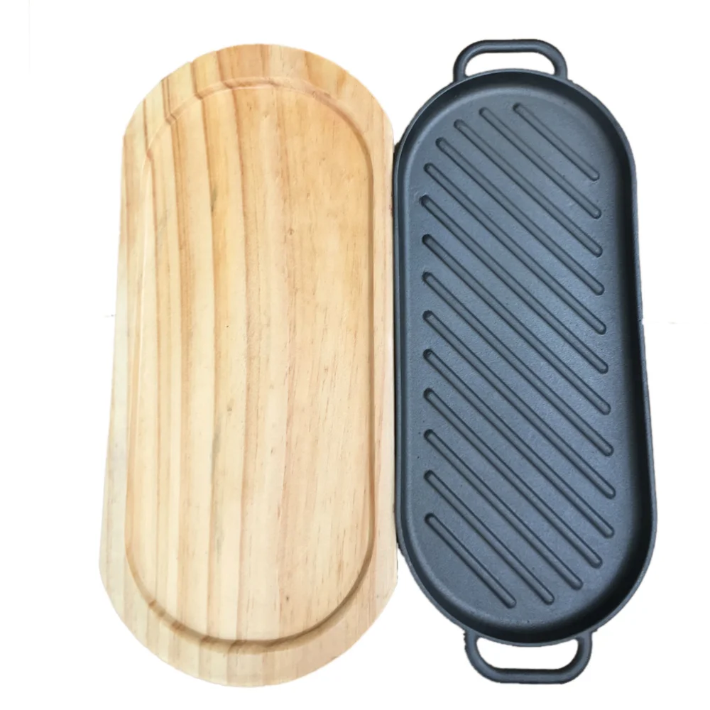 

Iron Steak Plate Steak Frying Pan Non-stick Cooking Grill Pan with Wooden Tray