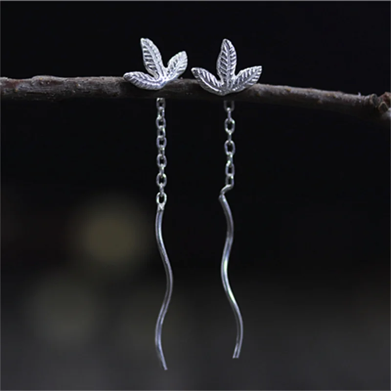 Uglyless S925 Sterling Silver Women Handmade Engrave Leaves Ear Lines Simple Wave Designer Earrings Chains Tassel Brincos Bijoux | Украшения