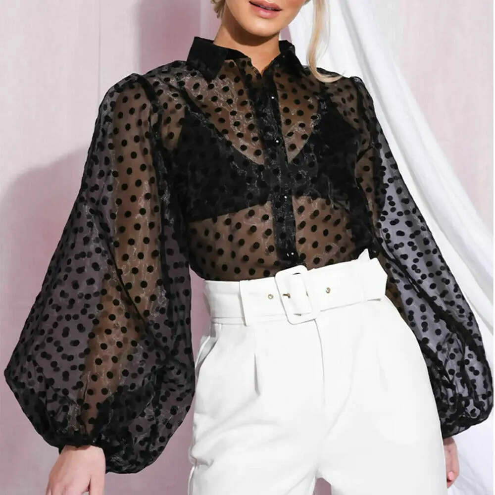 Фото New Fashion Women White Black Polka Dot Sheer Mesh Blouse Tops Shirt Ladies Puff Long Sleeve SeeThrough Loose Shirts Женская одежда New Fashion Women White Black Polka Dot Sheer Mesh Blouse Tops Shirt Ladies Puff Long Sleeve SeeThrough Loose Shirts Женская одежда
