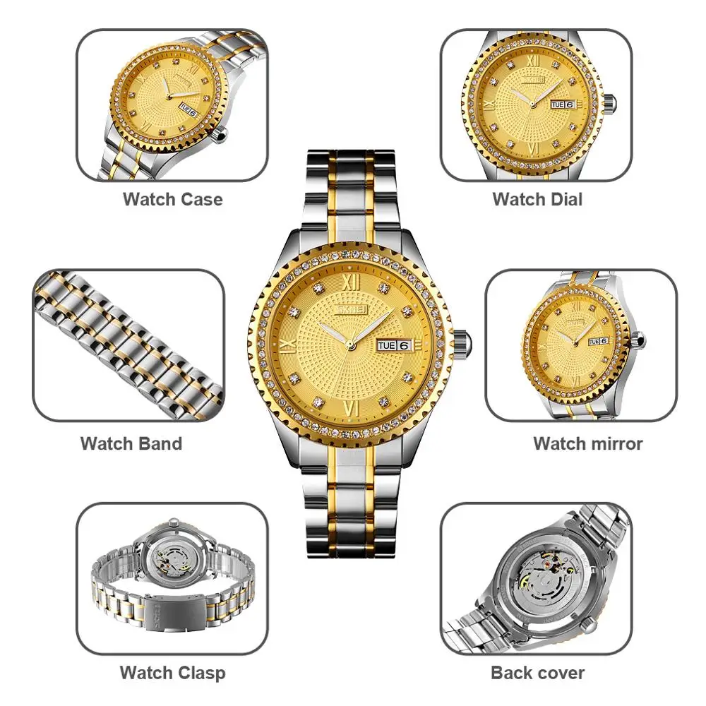 

SKMEI Automatic Watch Luxury Mechanical Men's Watches Diamond Stainless Stee Week Date Golden Watches Man Reloj