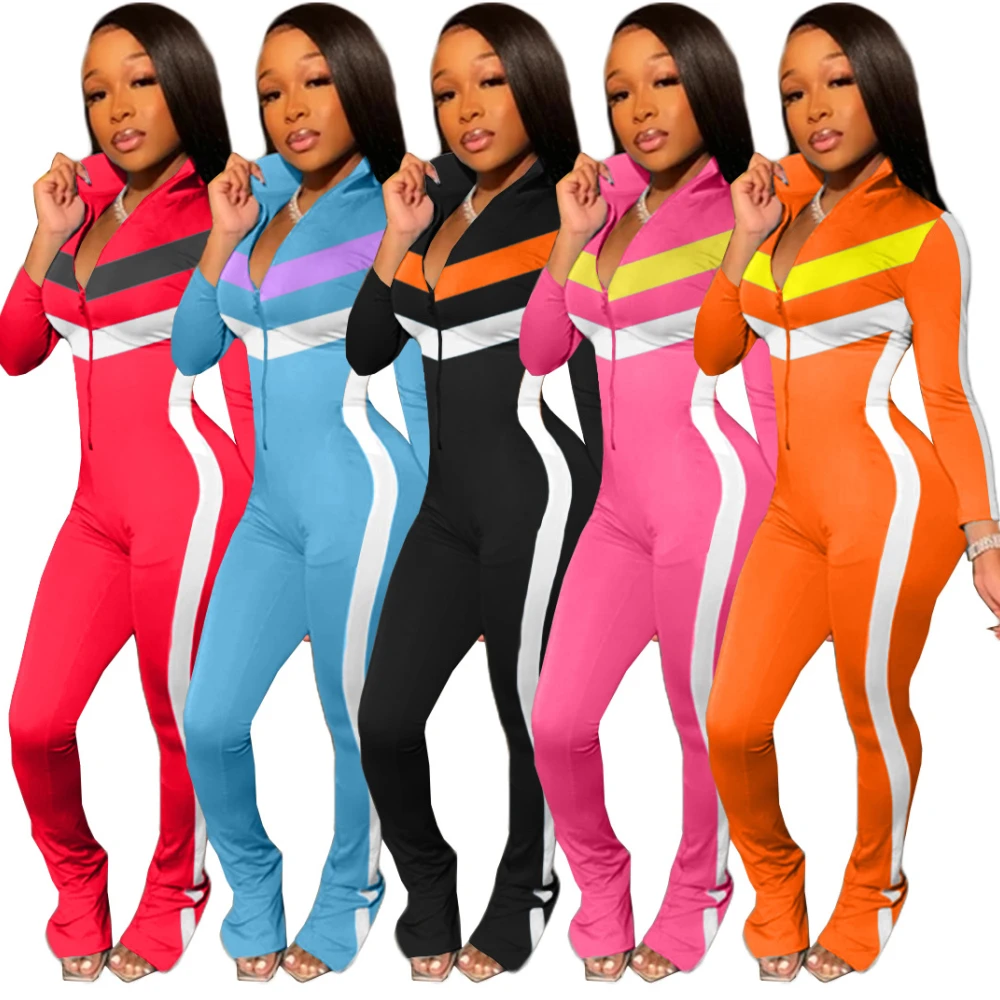 

Somoshein Fashionable Motobiker Suits Personality Print Jumpsuit Women Long Sleeve Stand Collar Fall Clothes Casual Streetwear