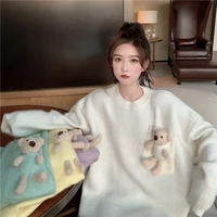 sweater loose pullovers women korea chic autumn winter cute pocket bear crew neck long sleeve knitted top fashion clothes 2020