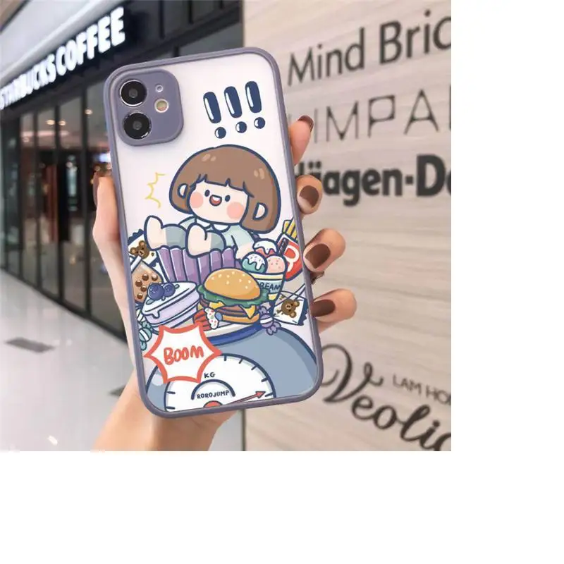 

Cute anime girl snacks Phone Case For iPhone 12 11 Mini Pro XR XS Max 7 8 Plus X Matte transparent Gray Back Cover